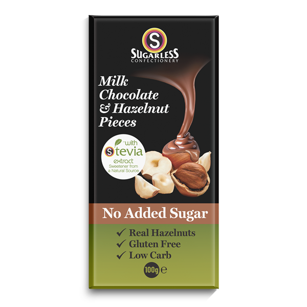Sugarless Milk Chocolate & Hazelnut Pieces 100 g