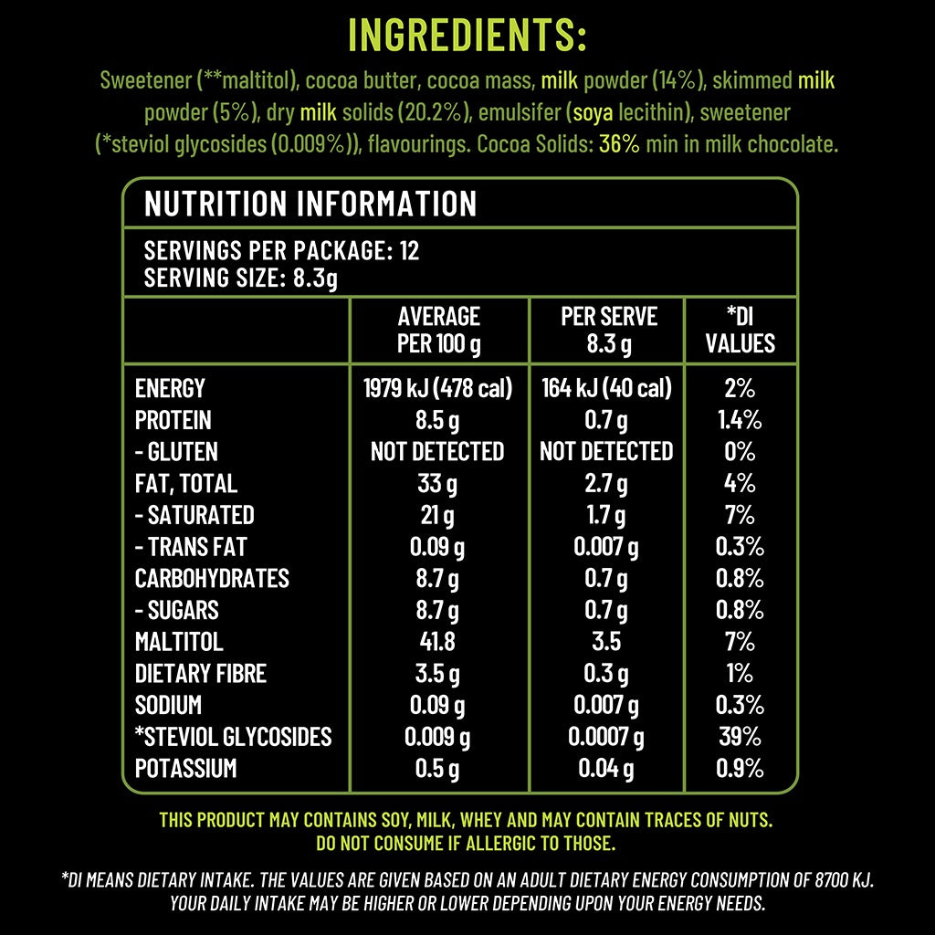 Nutrition Information — Sugarless Milk Chocolate 100g